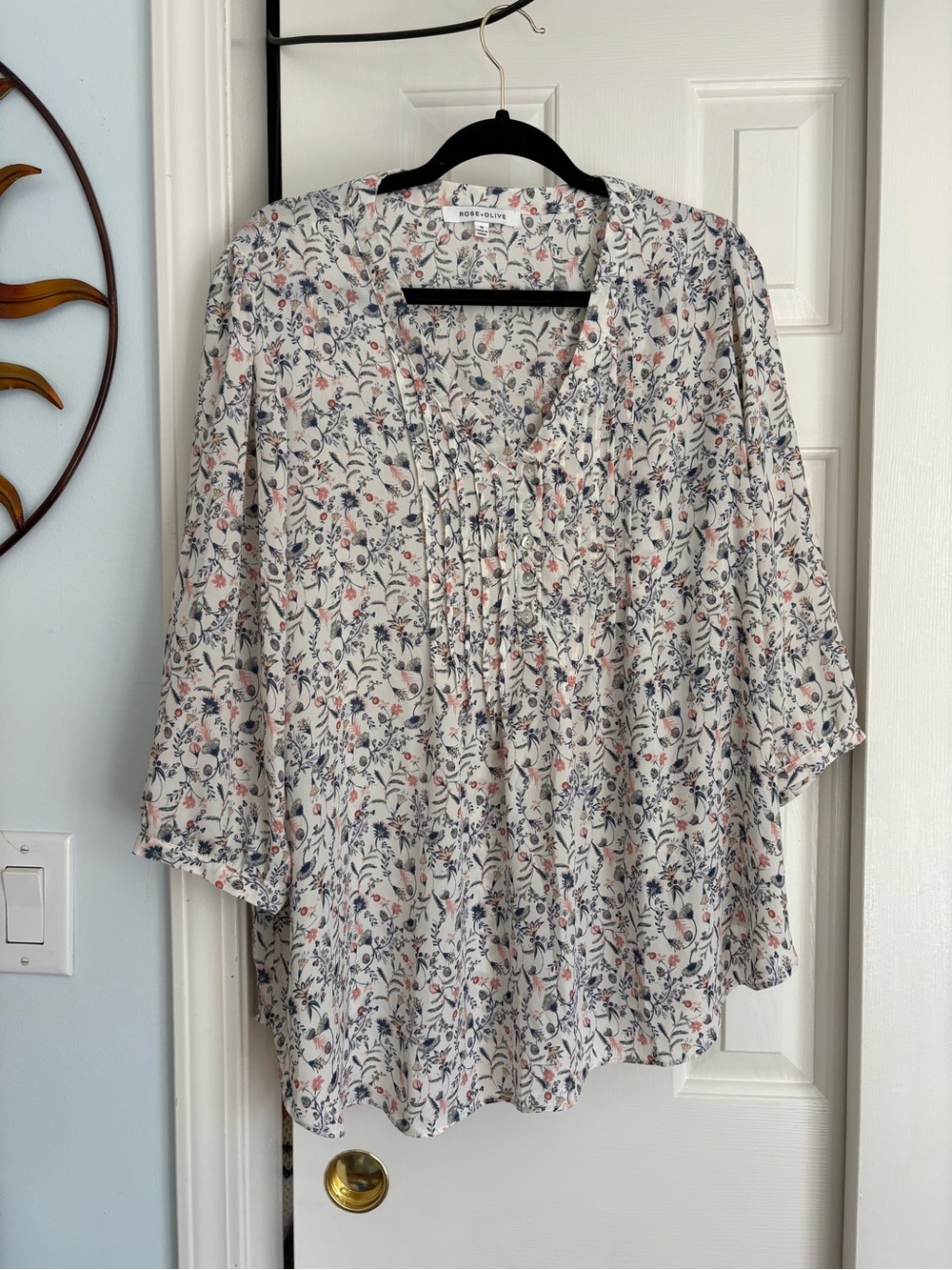 Rose & Olive Cream Floral Pintuck Blouse with Pink and Blue Accents